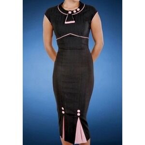 Stop Staring BOMBSHELL 30s RETRO Black & Pink Wiggle Vtg Pin Up Pencil Dress Med